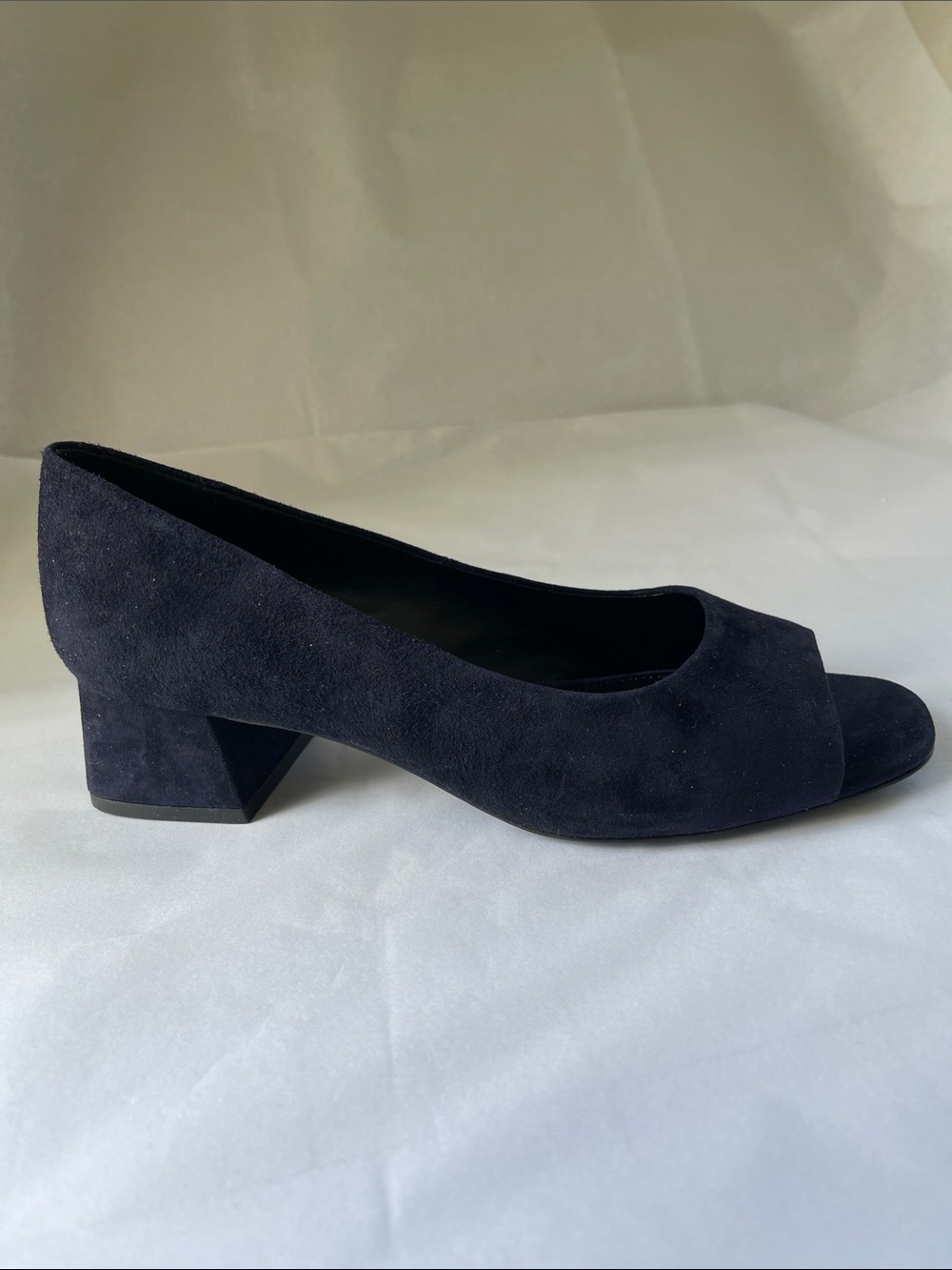 Lafayette 148 New York Navy Suede Peep-Toe Low Block Heel